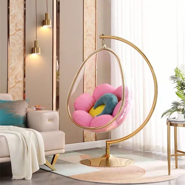 GOLD Acrylic Hanging Swing Bubble Accent Chair wtih Stand PINK