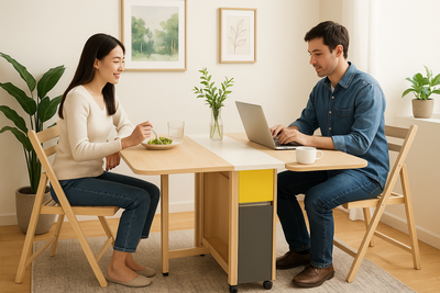 Two people sitting at a small table with a laptop and food, in a home setting.