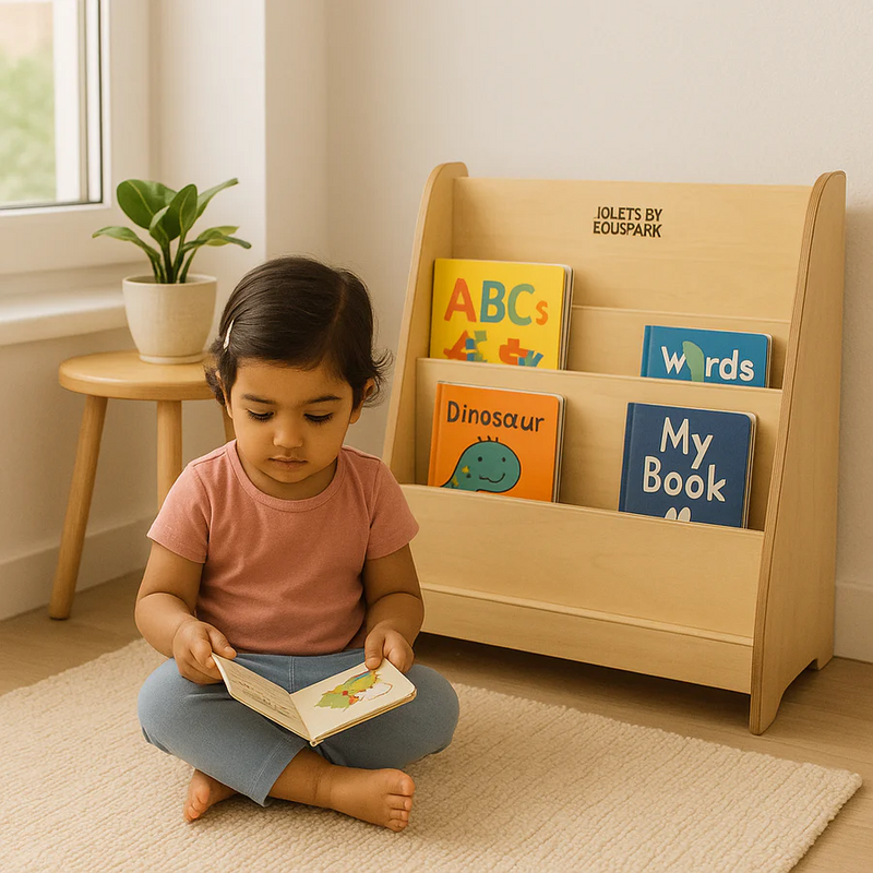Compact Wooden Kids Bookshelf – Montessori Display Rack for Toddlers