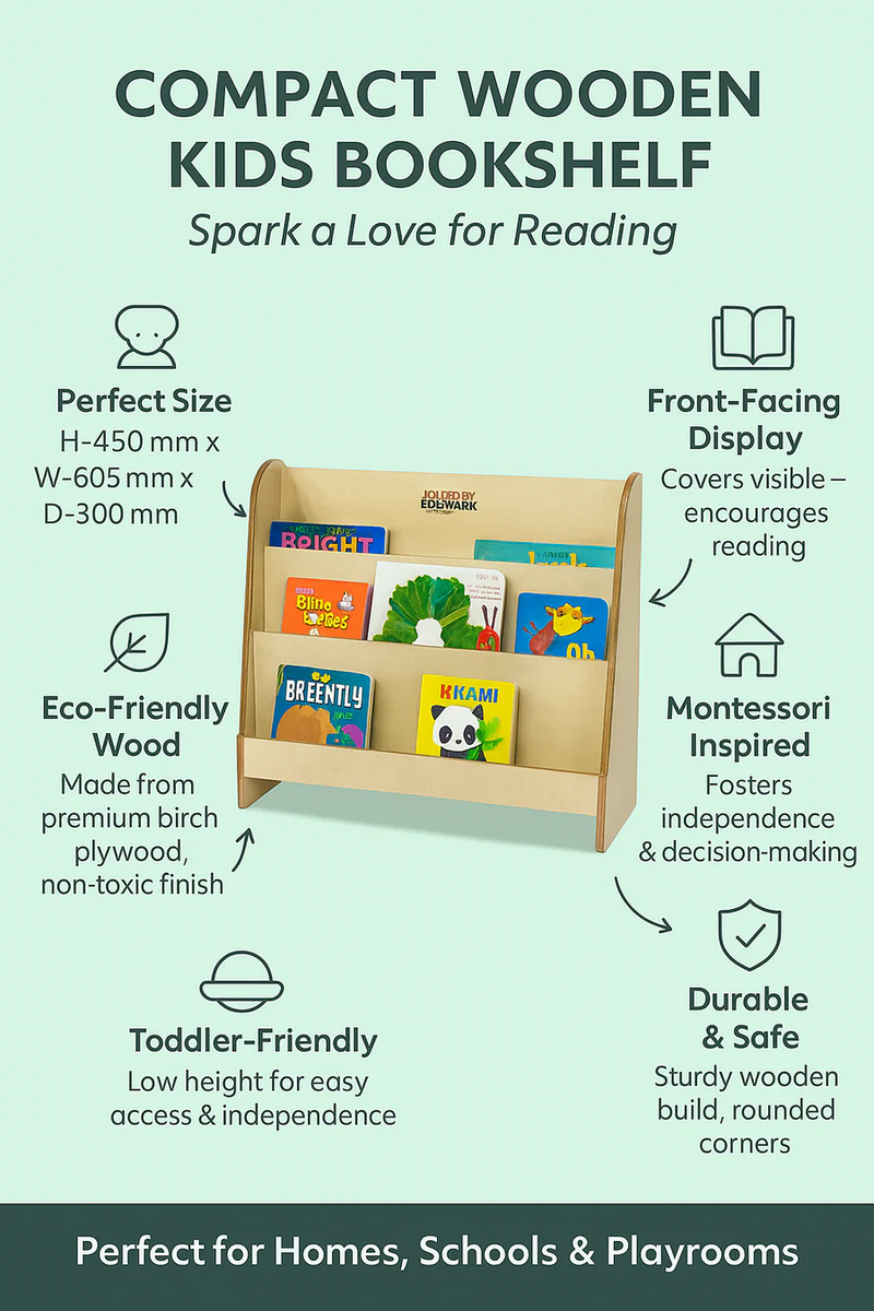 Compact Wooden Kids Bookshelf – Montessori Display Rack for Toddlers