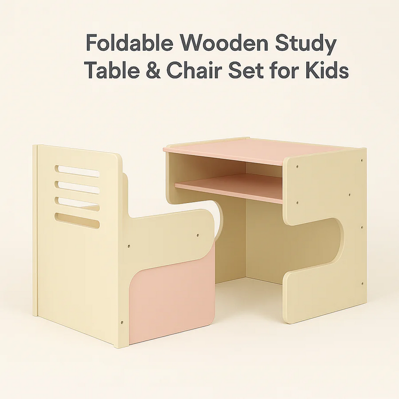 Foldable Wooden Study Table & Chair Set for Kids | Compact Montessori Desk