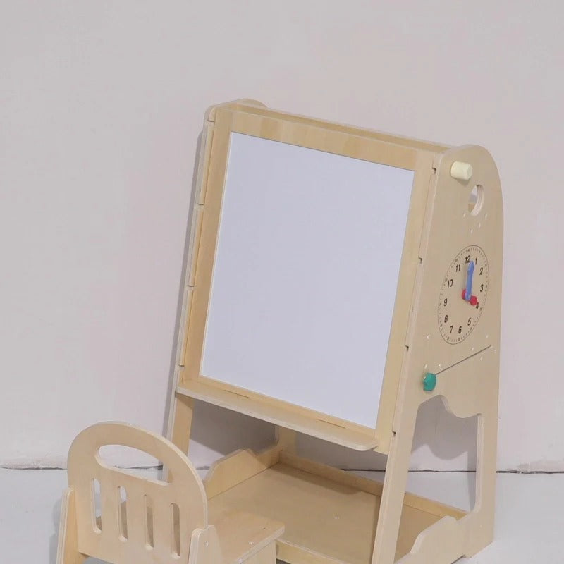 Wooden 3-in-1 Easel & Learning Desk for Kids – Adjustable Height, Double-Sided Board & Storage Shelf
